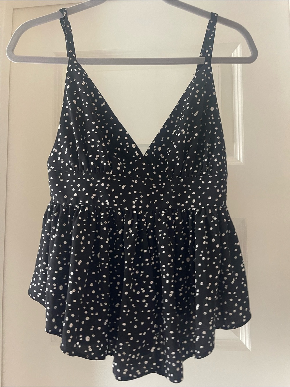 Leith Black and White Polka Dot V-Neck Peplum Cami